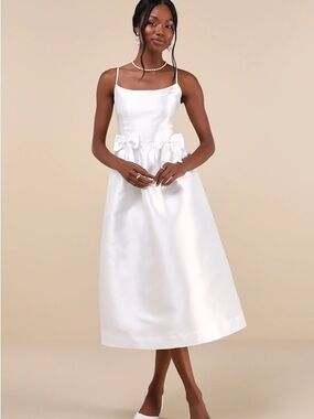 Lulu's White Satin Square-Neck Midi Dress with Bow Waist